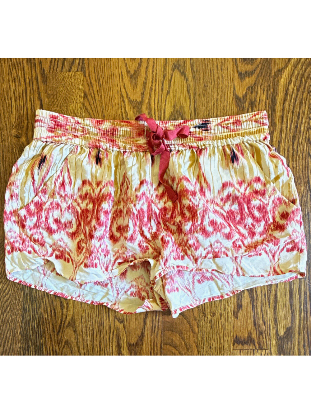 Joie 100% Silk Abstract Shorts Pink Beige White S Elastic Waist Z77-6417